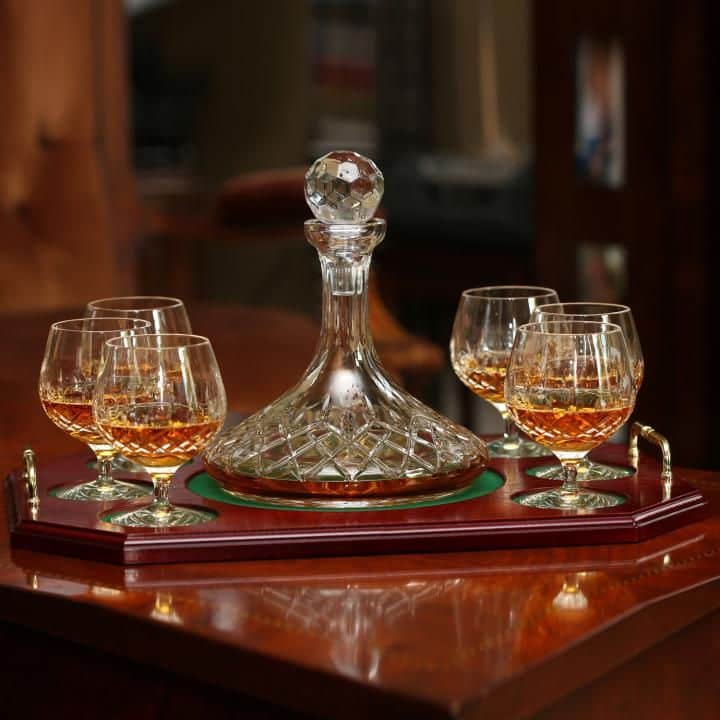 Galway Crystal Longford Brandy Decanter &  6 Glasses Tray Set