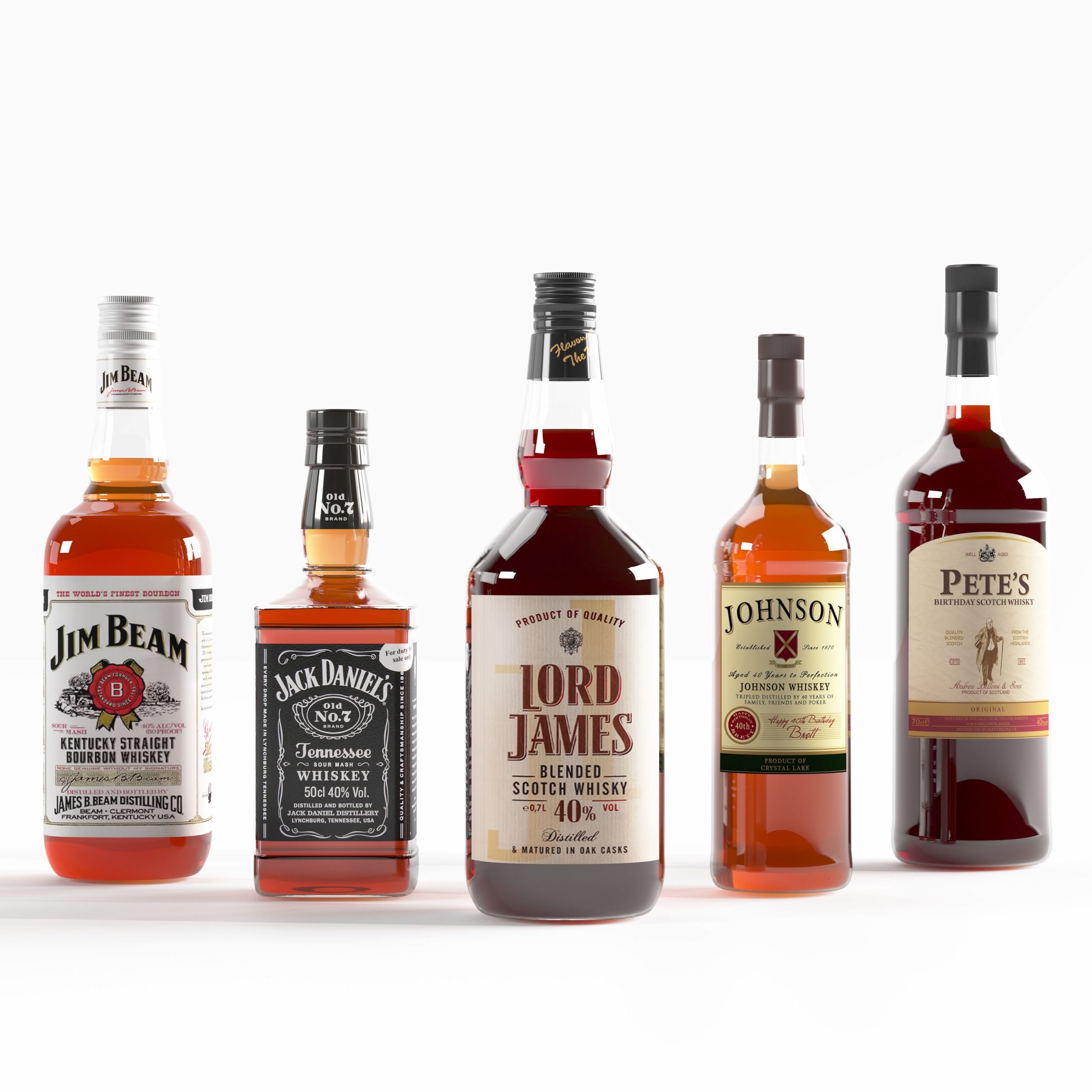 Set of 5 kinds of whiskey bottles 3D model